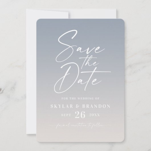 Ombre Dusty Blue & Ivory met Script Photo Wedding Save The Date (Voorkant)