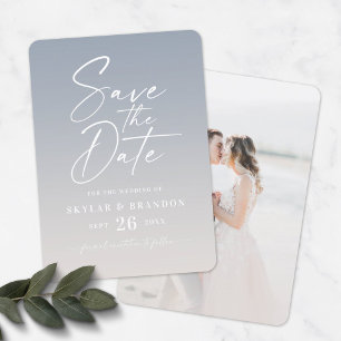 Ombre Dusty Blue & Ivory met Script Photo Wedding Save The Date