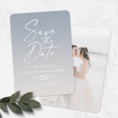 Ombre Dusty Blue & Ivory met Script Photo Wedding Save The Date