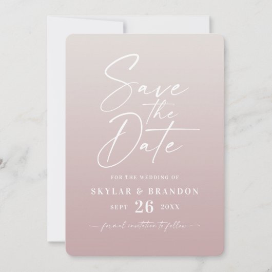 Ombre Dusty Mauve Ivory, met een scriptweduwschap Save The Date (Voorkant)