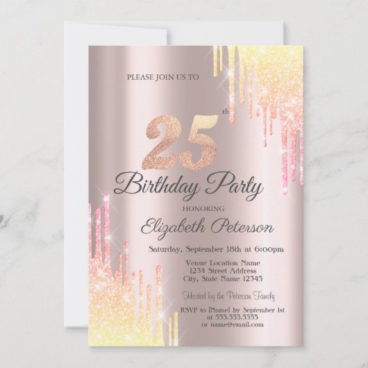 Ombre Glitter Drips 25e verjaardagsfeestje Kaart (Voorkant)