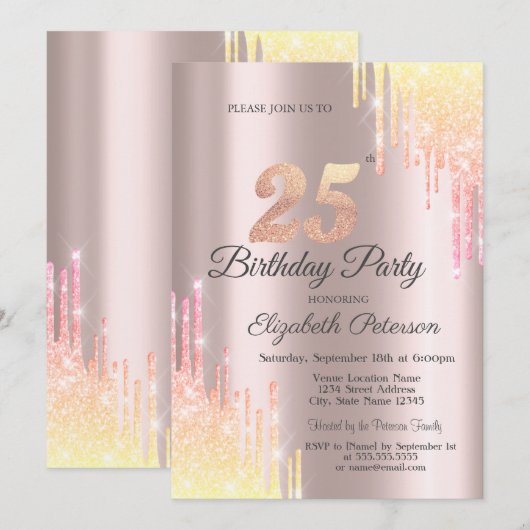 Ombre Glitter Drips 25e verjaardagsfeestje Kaart (Voorkant / Achterkant)