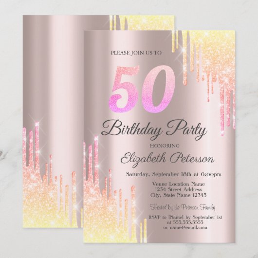 Ombre Glitter Drips 50e verpartij Kaart (Voorkant / Achterkant)