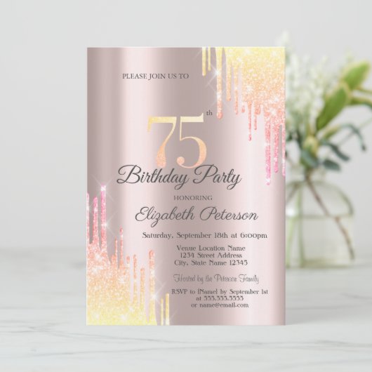 Ombre Glitter Drips 75ste Verjaardagsfeestje Kaart (Staand voorkant)