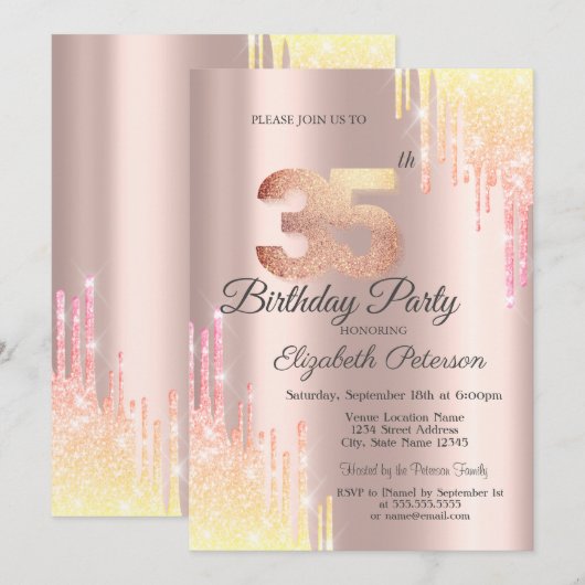 Ombre Glitter Drips Roos Goud 35e Verjaardagsfeest Kaart (Voorkant / Achterkant)