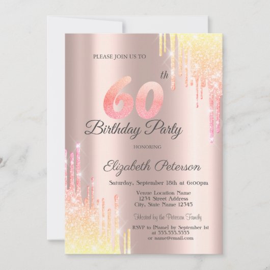 Ombre Glitter Drips Roos Goud 60e Verjaardagsfeest Kaart (Voorkant)