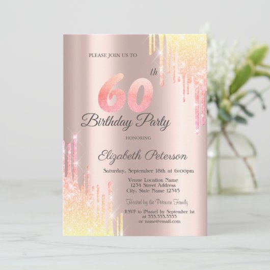 Ombre Glitter Drips Roos Goud 60e Verjaardagsfeest Kaart (Staand voorkant)
