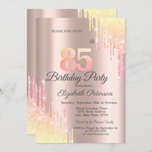 Ombre Glitter Drips Roos Goud 85e Verjaardagsfeest Kaart (Voorkant / Achterkant)