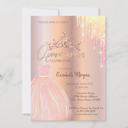Ombre Glitter Drop Tiara Dress Quinceañera Kaart (Voorkant)