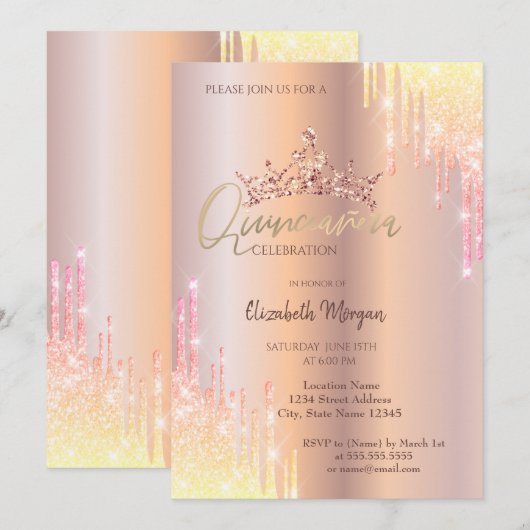Ombre Glitter Drop Tiara Roos Gold Quinceañera Kaart (Voorkant / Achterkant)
