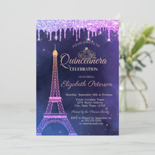Ombre Glitter Eiffel Tower Tiara bestuurt Quinceañ Kaart (Staand voorkant)