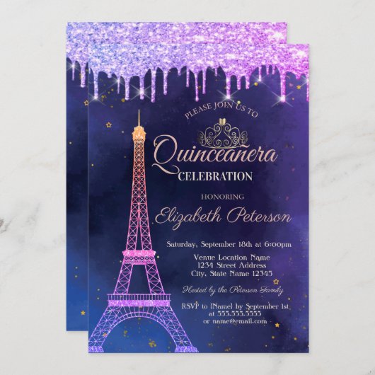 Ombre Glitter Eiffel Tower Tiara bestuurt Quinceañ Kaart (Voorkant / Achterkant)