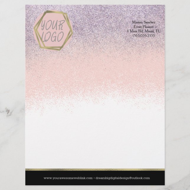 Ombre Glitter Uw Logo Branding Roze Paarse Briefhoofd (Voorkant)
