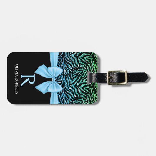 Ombre Glitter Zebra Blauw Boog Monogram Bagagelabel (Voorkant horizontaal)