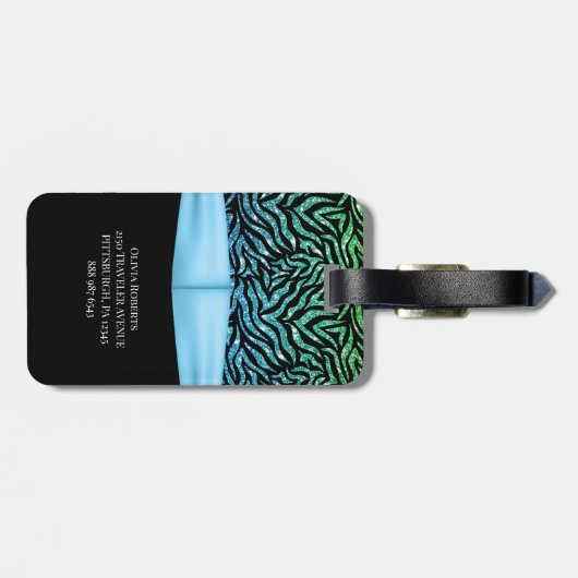 Ombre Glitter Zebra Blauw Boog Monogram Bagagelabel (Achterkant horizontaal)