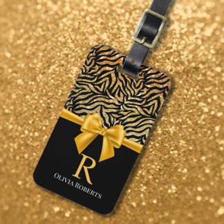 Ombre Glitter Zebra Geel boog Monogram Bagagelabel