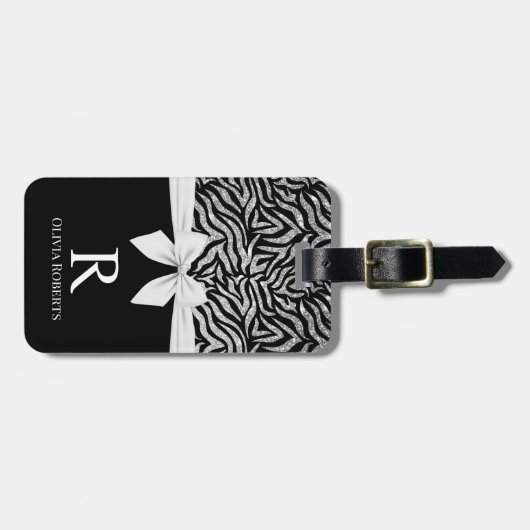Ombre Glitter Zebra Wit Boog Monogram Bagagelabel (Voorkant horizontaal)