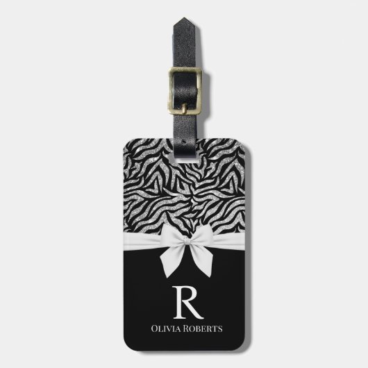 Ombre Glitter Zebra Wit Boog Monogram Bagagelabel (Voorkant verticaal)