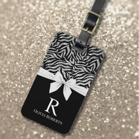 Ombre Glitter Zebra Wit Boog Monogram Bagagelabel