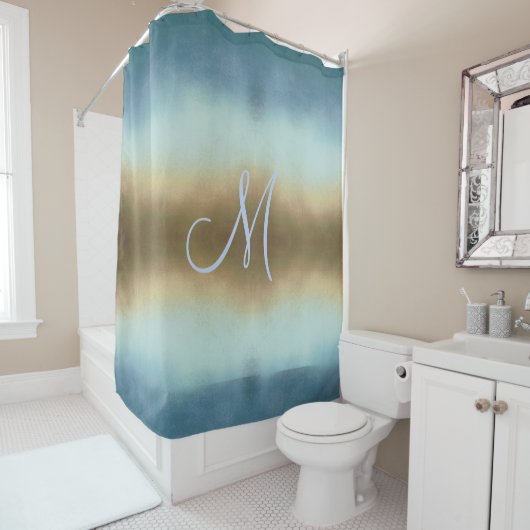Ombre Gold Blue Monogram Shower Curtain Douchegordijn (In situ)