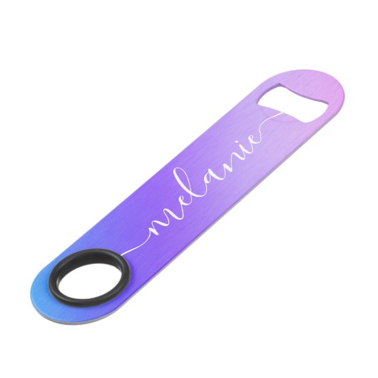 Ombre Gradient Blue Paars Calligraphy Name Speed Flessenopener (Voorkant Gekanteld)