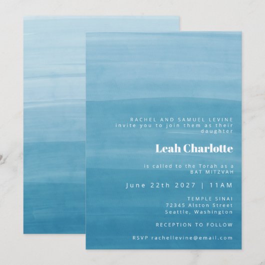 Ombre Gradient Dip Dye Ocean Blue Bat Bar Mitzvah Kaart (Voorkant / Achterkant)