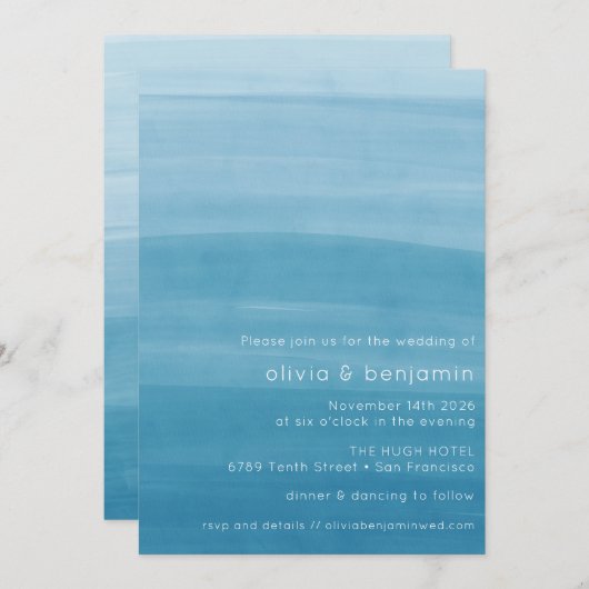 Ombre Gradient Dip Dye Ocean Blue Simple Wedding Kaart (Voorkant / Achterkant)