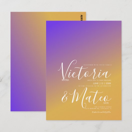 Ombre Gradient Paars Yellow Sunset Wedding Briefkaart (Voorkant / Achterkant)