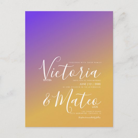 Ombre Gradient Paars Yellow Sunset Wedding Briefkaart (Voorkant)