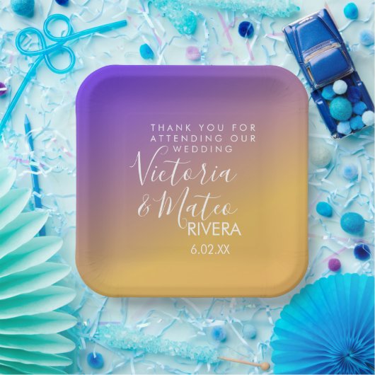 Ombre Gradient Paars Yellow Sunset Wedding Papieren Bordje (Feest)