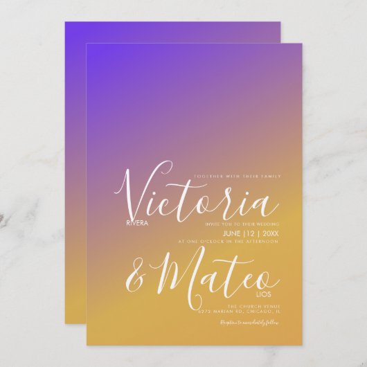 Ombre Gradient Paars Yellow Wedding Invitation Kaart (Voorkant / Achterkant)