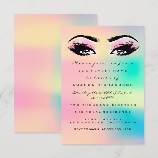 Ombre Holographic Pastel Bridal Sweet 16th Eyelash Kaart (Voorkant / Achterkant)