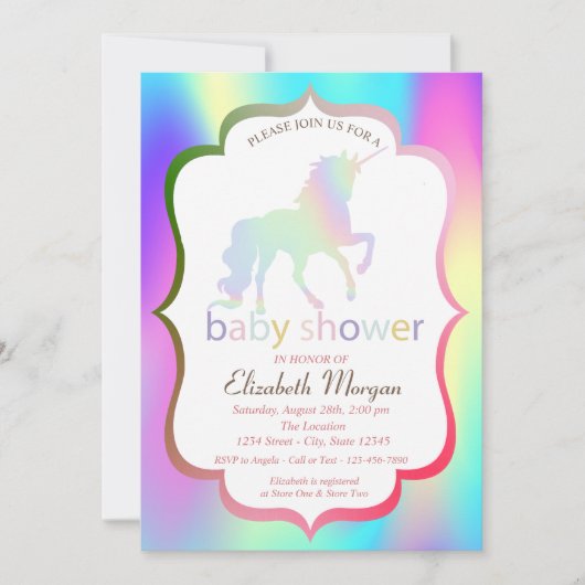 Ombre Holographic Unicorn Baby shower Invitation Kaart (Voorkant)