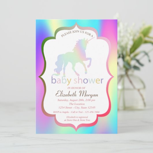 Ombre Holographic Unicorn Baby shower Invitation Kaart (Staand voorkant)