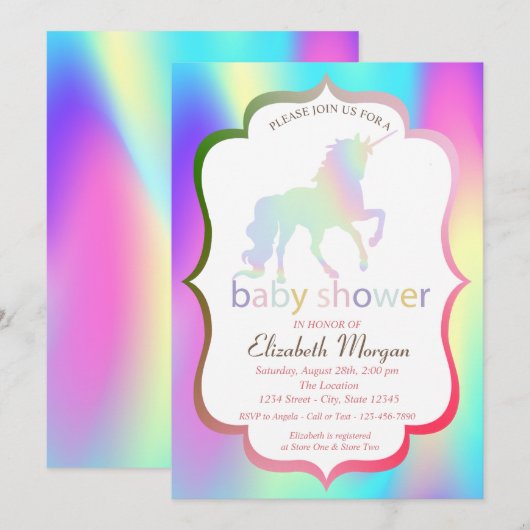 Ombre Holographic Unicorn Baby shower Invitation Kaart (Voorkant / Achterkant)