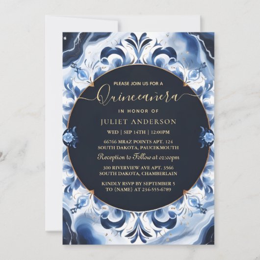 Ombre ivoor Ice Sky Gold Royal Blue Quinceanera Kaart (Voorkant)