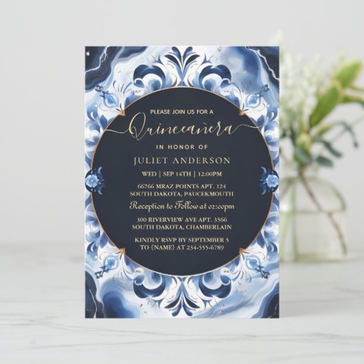 Ombre ivoor Ice Sky Gold Royal Blue Quinceanera Kaart (Staand voorkant)