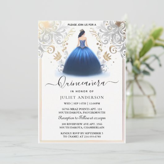 Ombre ivoor Ice Sky Gold Royal Blue Quinceanera Kaart (Staand voorkant)