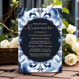Ombre ivoor Ice Sky Gold Royal Blue Quinceanera Kaart