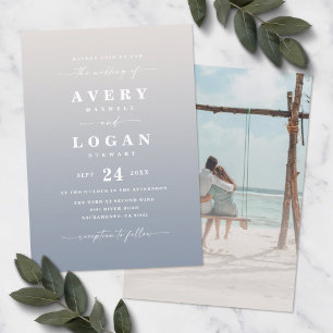 Ombre Ivory & Blue Wedding Invitation met foto Kaart