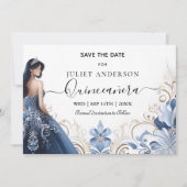 Ombre Ivory Ice Sky Gold Royal Blue Quinceaner Save The Date (Voorkant)