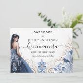 Ombre Ivory Ice Sky Gold Royal Blue Quinceaner Save The Date (Staand voorkant)