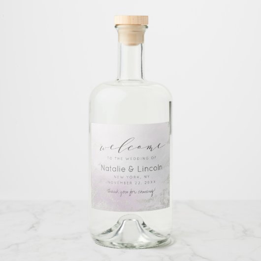 Ombre Lavendel Paarse Zilveren Folie Bruiloft Welk Likeurfles Etiket (Voorkant)