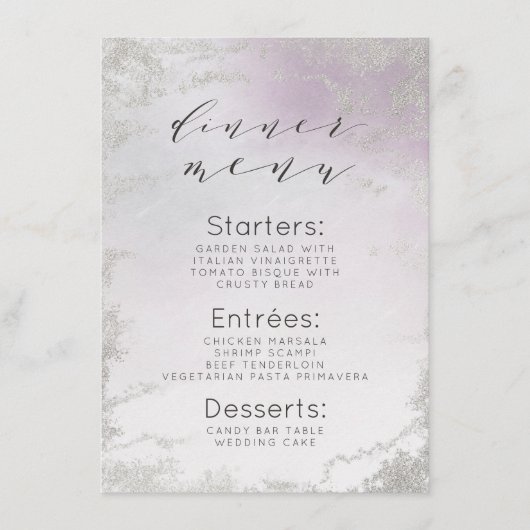 Ombre Lavendel Paarse Zilveren Folie Frosted Diner Menu (Voorkant)