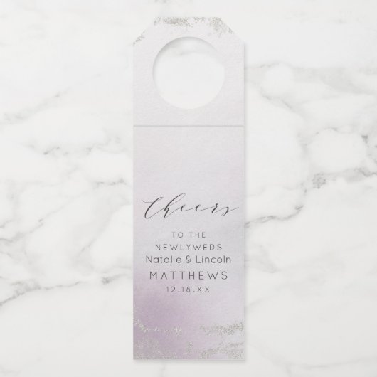 Ombre Lavendel Paarse Zilveren Folie Proost Bruilo Flessenhanger (Achterkant)