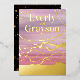 Ombre Lavender Pink Marble Veining Gold Wedding Folie Uitnodiging