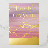 Ombre Lavender Pink Marble Veining Gold Wedding Folie Uitnodiging (Voorkant)