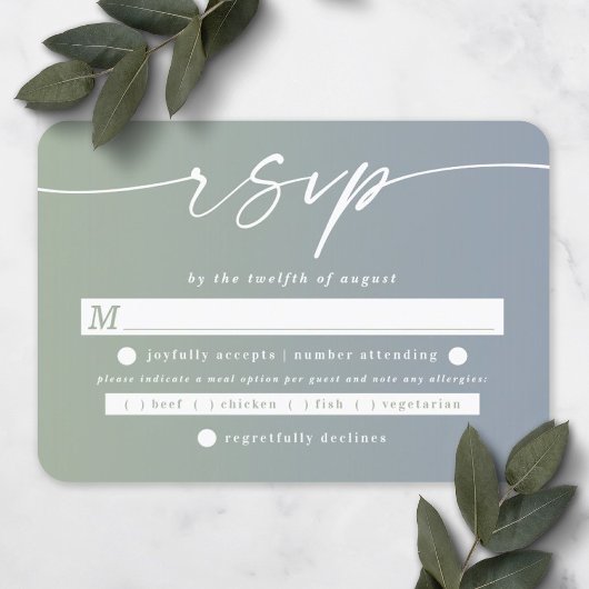 Ombre Leaf Green & Dusty Blue Wedding Meal Choice RSVP Kaartje