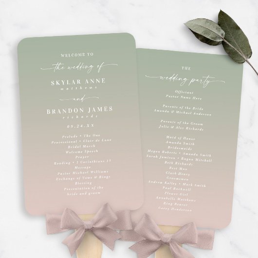 Ombre Leaf Green & Pink Wedding Ceremony Programme Handwaaier