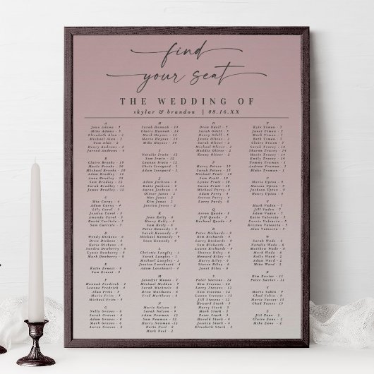 Ombre Mauve Alfabetical Wedding Seating Chart Poster